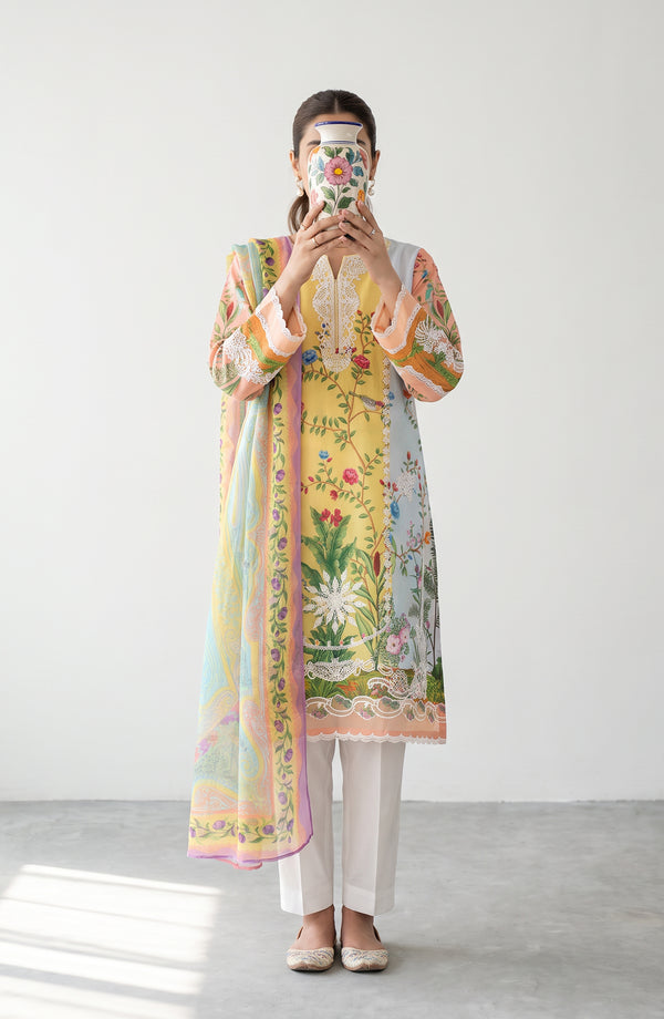Noora Embroidered Cambric Stitched 3 Piece Suit - PNORA-03 - NORA26 - Yellow - Summer Collection
