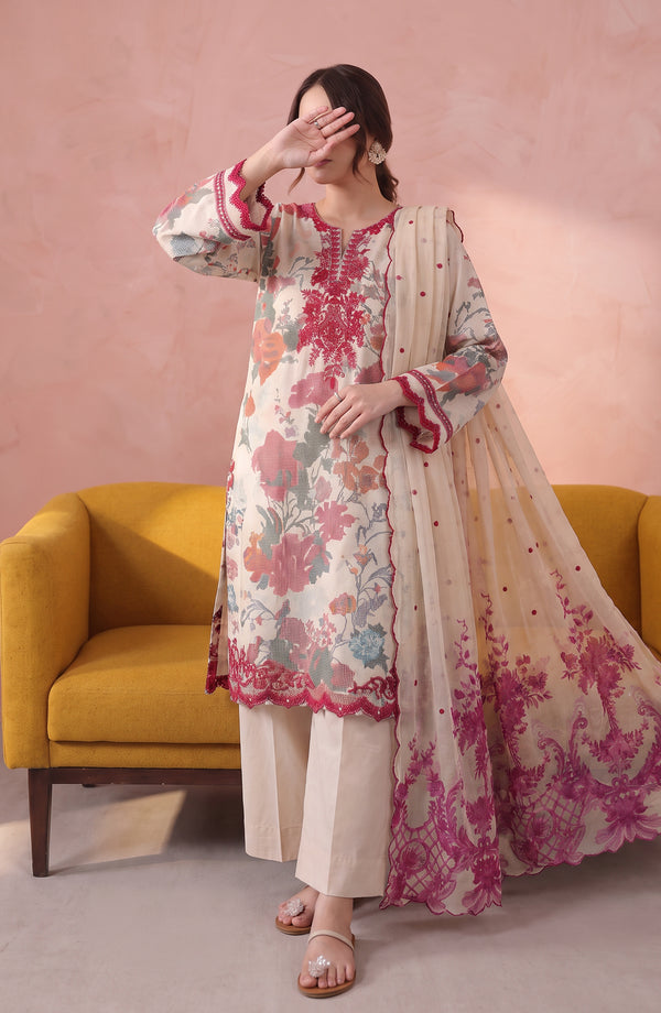 Noora Embroidered Cambric Stitched 3 Piece Suit - PNORA-06 - NORA26 - Fawn - Summer Collection