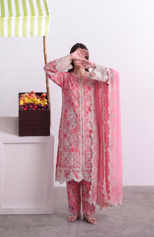 Noora Embroidered Cambric Stitched 3 Piece Suit - PNORA-08 - NORA26 - Pink - Summer Collection