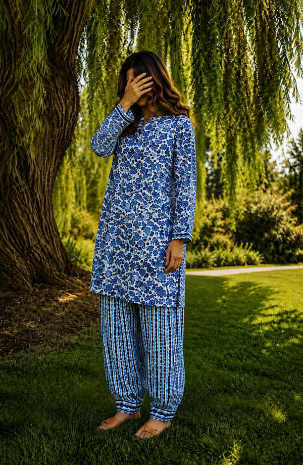 Parchhai Printed Cotton Stitched 2 Piece Co-ord Set - PMD-07M - PRCH26 - Blue - Summer Collection