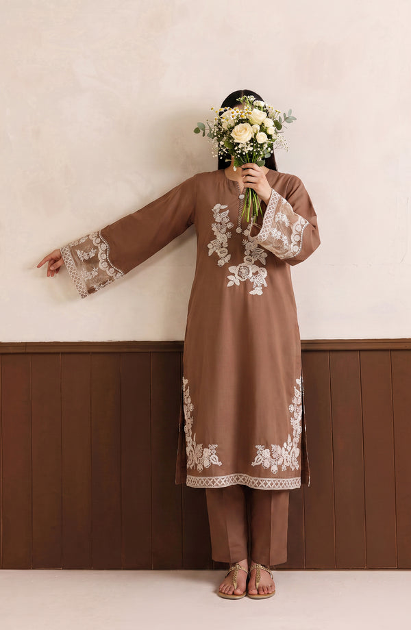 Passu Embroidered Cotton Stitched 2 Piece Co-ords Set - PSSU-01 - PSSU26 - Brown - Summer Collection