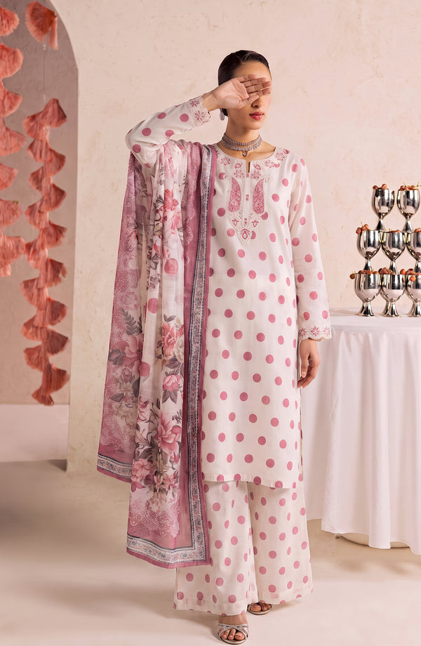 Polka Romance Embroidered Lawn Stitched 3 Piece Suit - PKRM-01 - PKRM26 - Pink - Summer Collection