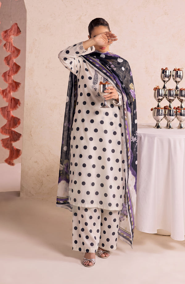 Polka Romance Embroidered Lawn Stitched 3 Piece Suit - PKRM-02 - PKRM26 - Black - Summer Collection