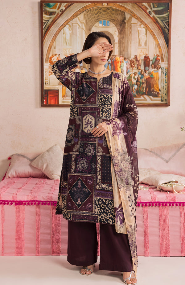 Polka Romance Printed Lawn Stitched 3 Piece Suit - PKRM-05 - PKRM26 - Brown - Summer Collection