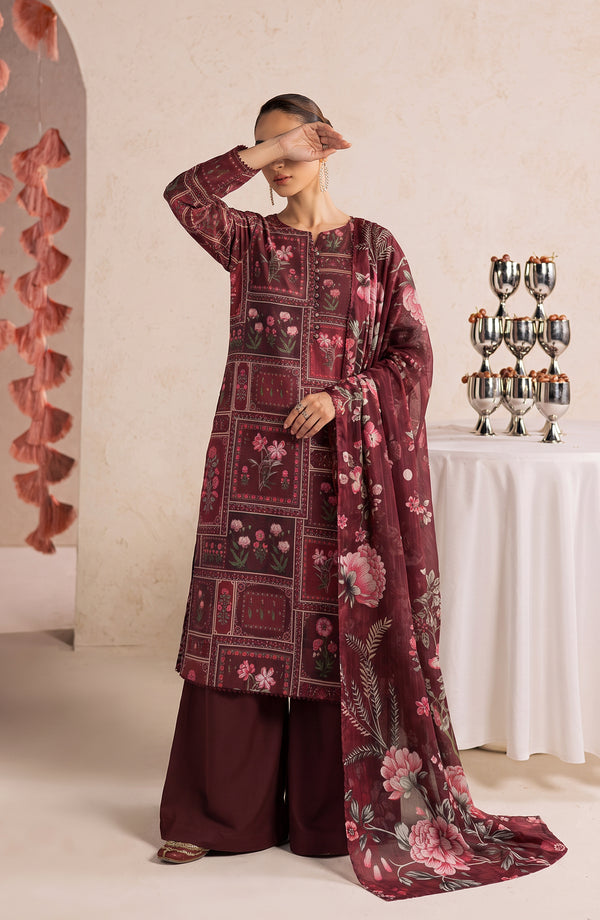 Polka Romance Printed Lawn Stitched 3 Piece Suit - PKRM-06 - PKRM26 - Maroon - Summer Collection