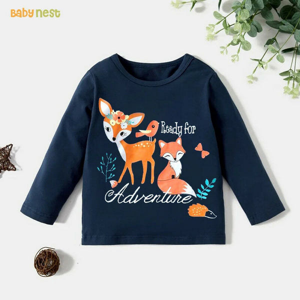 Baby Nest T-Shirts For Kids Printed Fox Deer Ready for Adventure Full Sleeves T-Shirts for Kids – Navy Blue