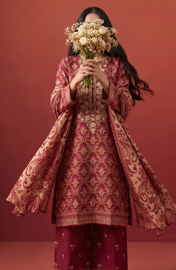 Rang e Bahar Embroidered Lawn Stitched 3 Piece Suit - RNB-09 - RNB26 - Maroon - Summer Collection
