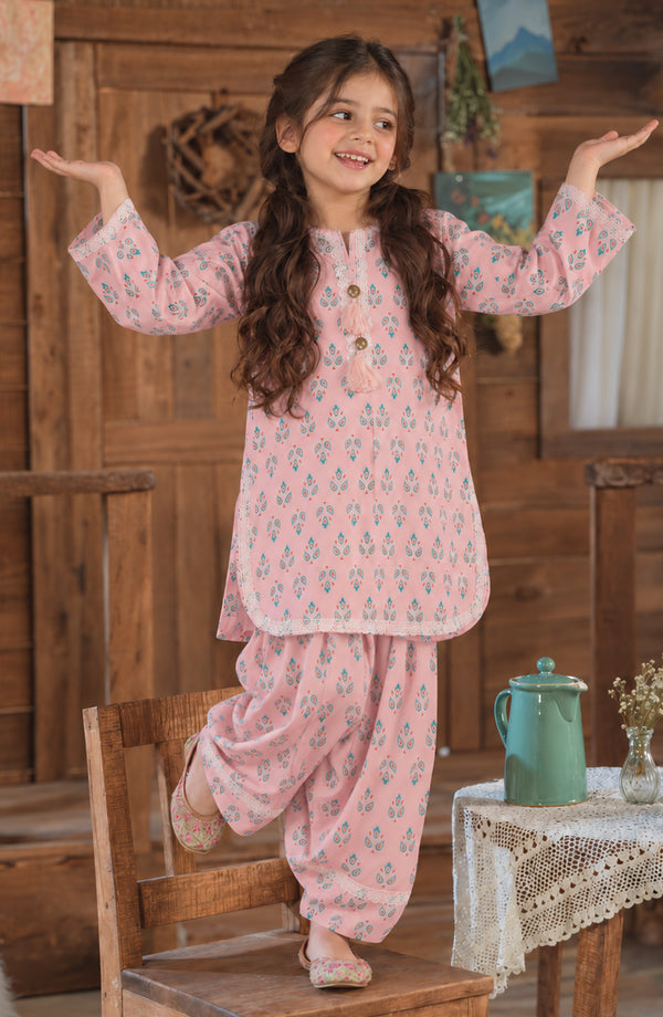 Shanza Little Printed Cotton Stitched 2 Piece Suit - AKSL-01 - AM26LTZ - Light Pink - Girls Collection