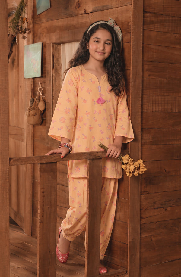 Shanza Little Printed Cotton Stitched 2 Piece Suit - AKSL-03 - AM26LTZ - Yellow - Girls Collection