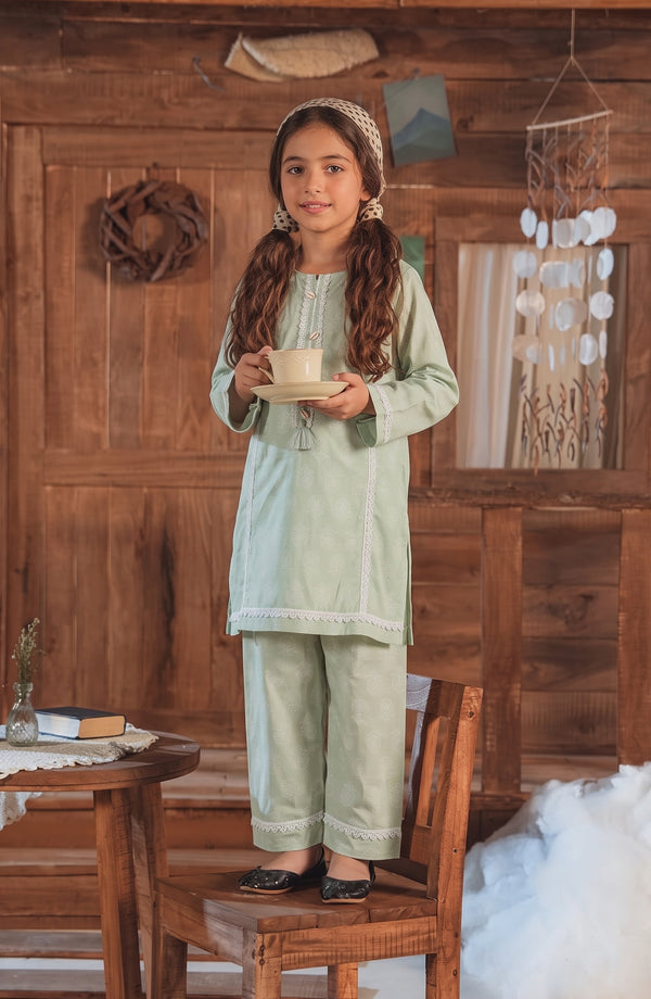 Shanza Little Printed Cotton Stitched 2 Piece Suit - AKSL-04 - AM26LTZ - Sea Green - Girls Collection