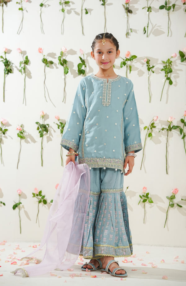 Sunehri by Amna Khadija Embroidered Organza Stitched 3 Piece Suit - SGLF-07 - AKP26NHRI - Blue - Girls Festive Collection