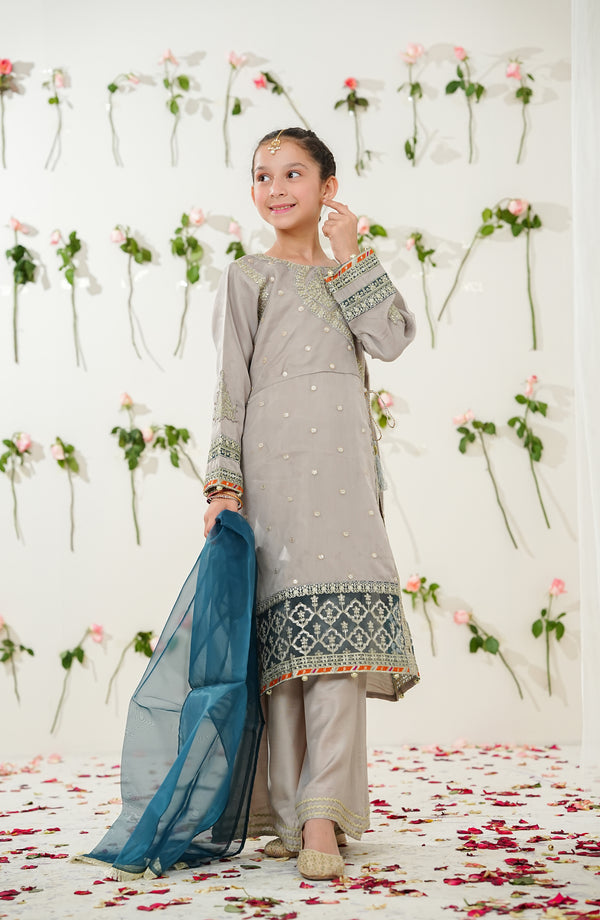 Sunehri by Amna Khadija Embroidered Organza Stitched 3 Piece Suit - SGLF-13 - AKP26NHRI - Grey - Girls Festive Collection