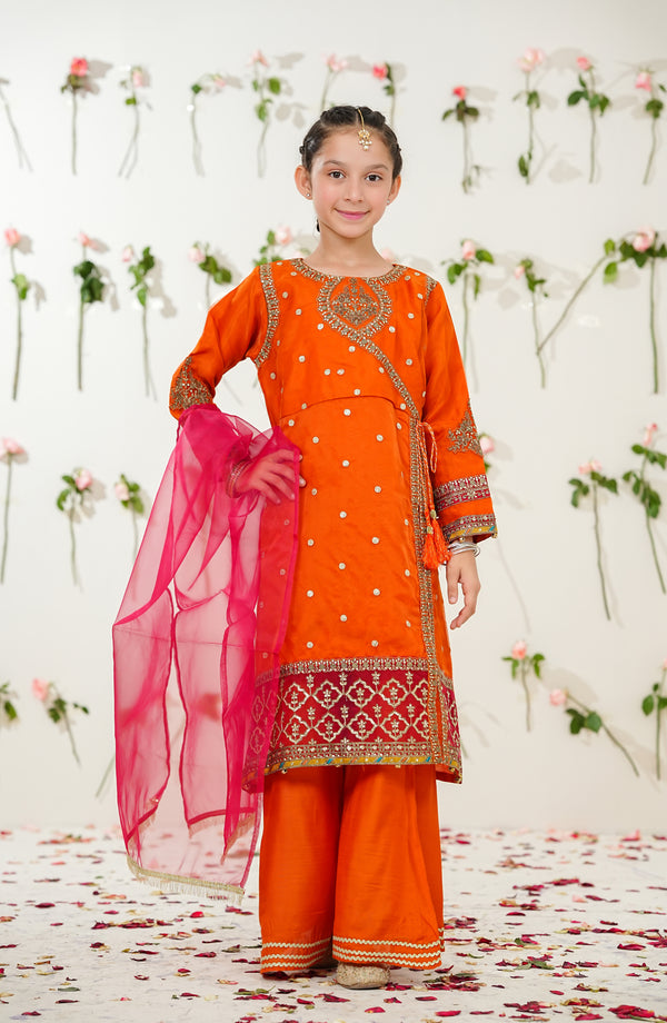 Sunehri by Amna Khadija Embroidered Organza Stitched 3 Piece Suit - SGLF-14 - AKP26NHRI - Orange - Girls Festive Collection