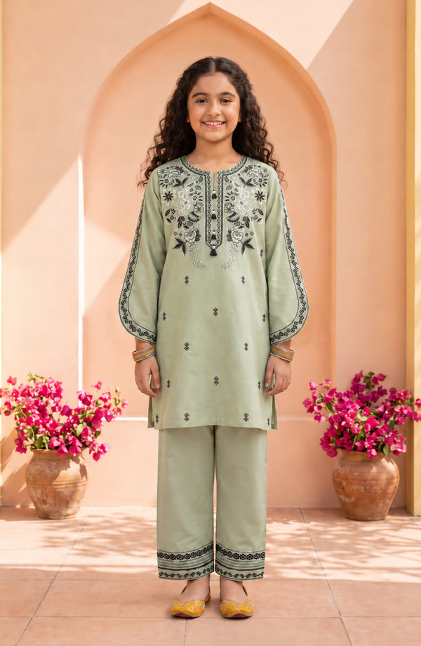 Titliyan Angan Main Embroidered Cotton Stitched 2 Piece Co-ord Set - AKT-01 - AM26TLY - Green - Girls Collection