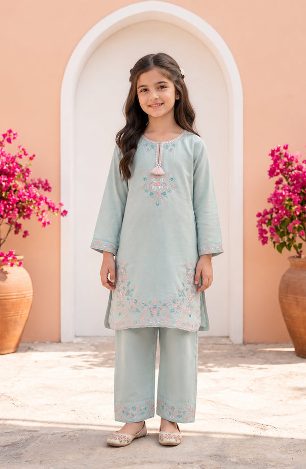 Titliyan Angan Main Embroidered Cotton Stitched 2 Piece Co-ord Set - AKT-05 - AM26TLY - Blue - Girls Collection