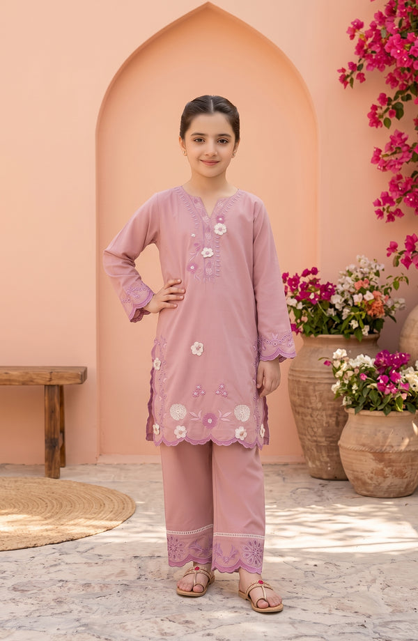 Titliyan Angan Main Embroidered Cotton Stitched 2 Piece Co-ord Set - AKT-07 - AM26TLY - Pink - Girls Collection