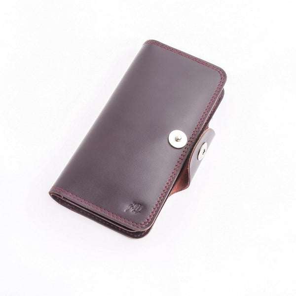 Womens Wallet Tri-Fold Pure Leather Long Wallet With Button Closure-BURGUNDY