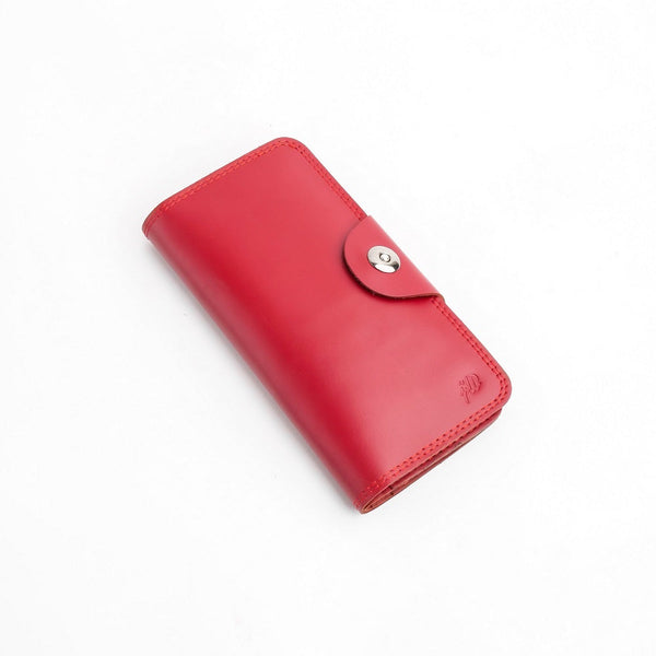 Womens Wallet Tri-Fold Pure Leather Long Wallet With Button Closure-RED