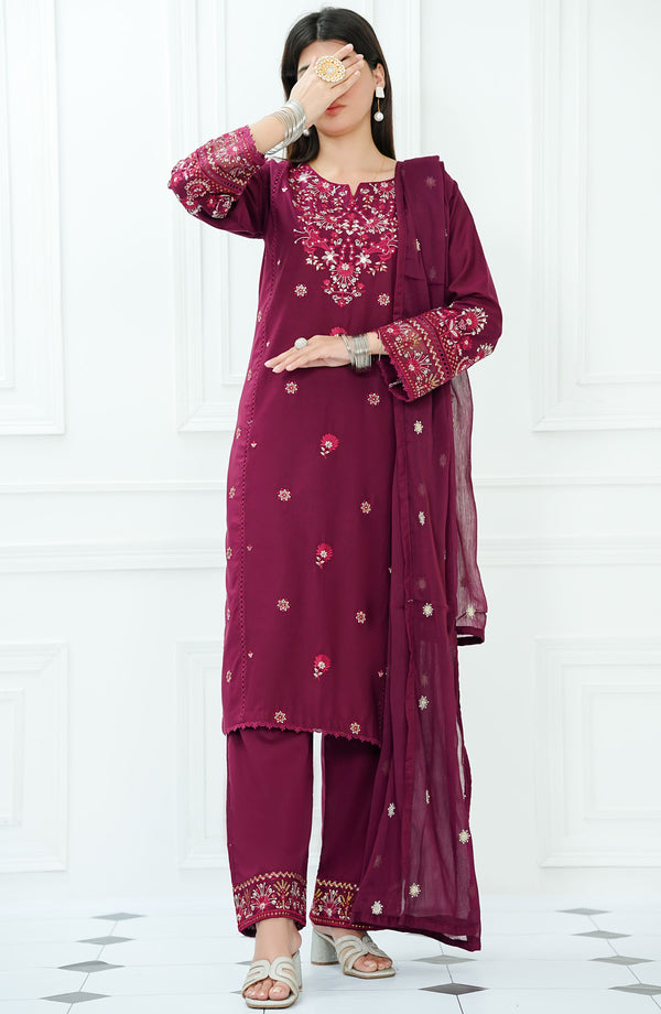 Ensemble Luxury Embroidered 3 Piece Lawn Maroon D-01