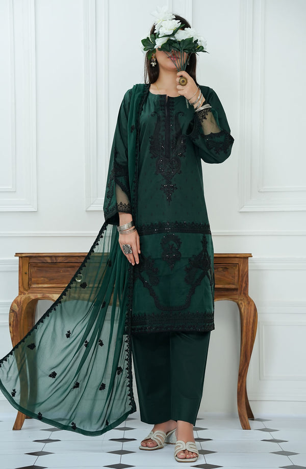 Amal Festive 3 Piece Lawn Dark Green D-01