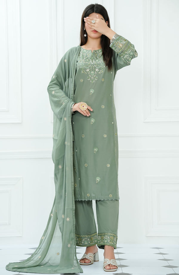 Ensemble Luxury Embroidered 3 Piece Lawn Grey D-02