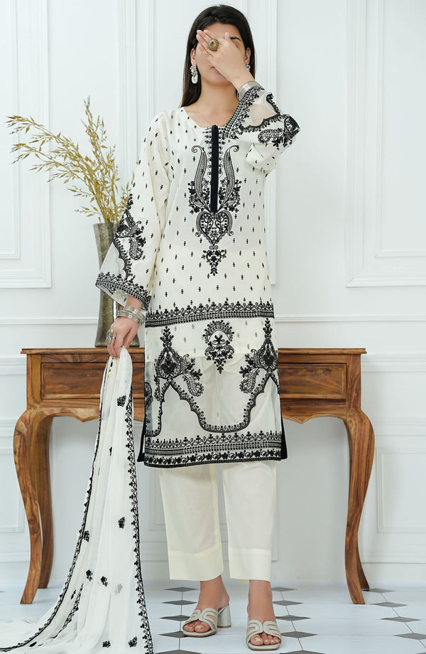 Amal Festive 3 Piece Lawn White D-03