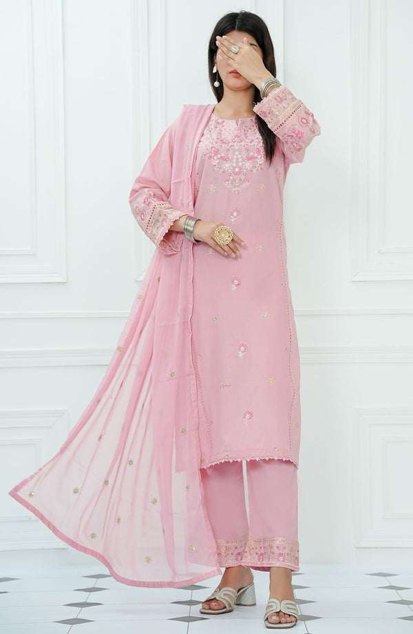 Ensemble Luxury Embroidered 3 Piece Lawn Baby Pink D-04