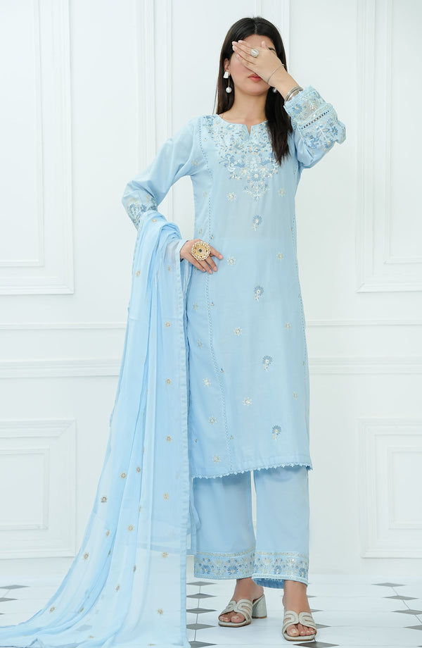 Ensemble Luxury Embroidered 3 Piece Lawn Sea Blue D-05