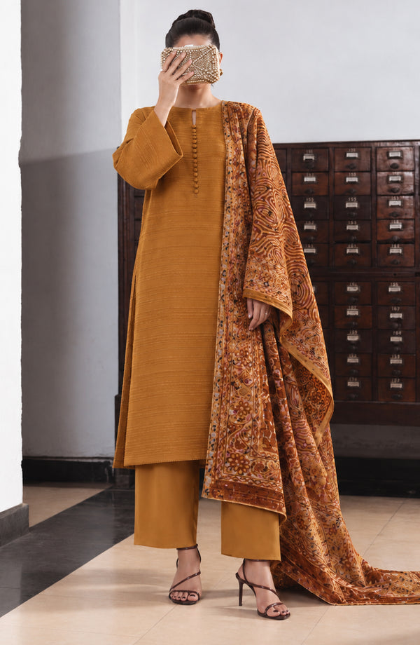 Valentina Ciao Dhanak Wool Unstitched 3 Piece Suit - D-10 - AM26VLC - Mustard - Winter Collection