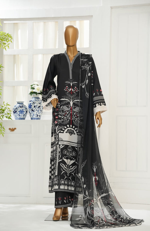 Varzah by Amna Khadija Printed Poly Swiss Stitched 3 Piece Suit - VUB-02 - AM25VRZ - Black - Luxury Collection