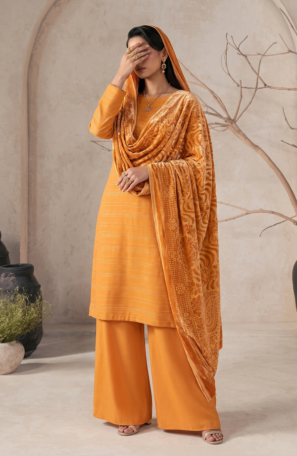 Velluto Milano Moonlight Unstitched 3 Piece Suit - AKVM-12 - AM26TOM - Orange - Winter Collection