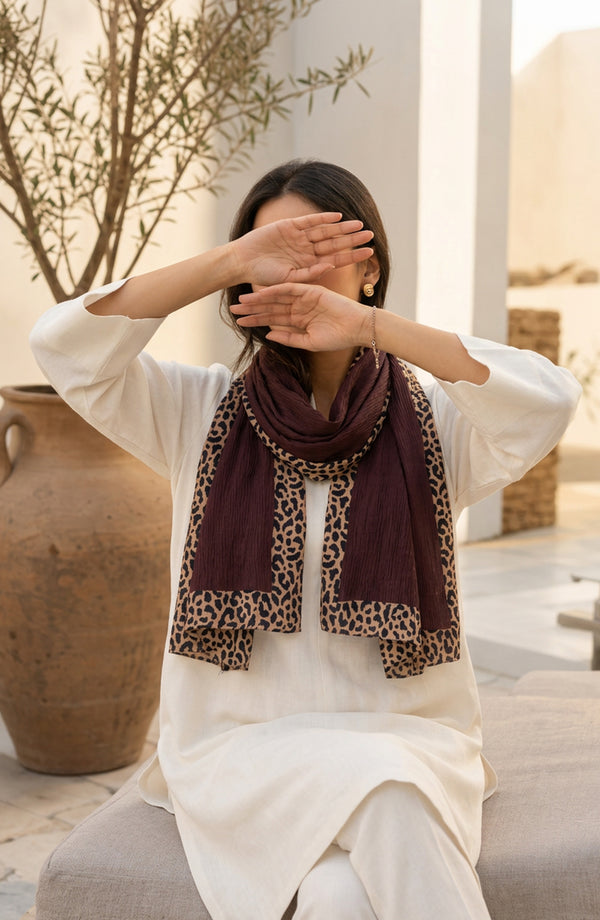 Cheetah-Print Chiffon Stole - AKW-12 - AM26STL - Maroon - Winter Collection