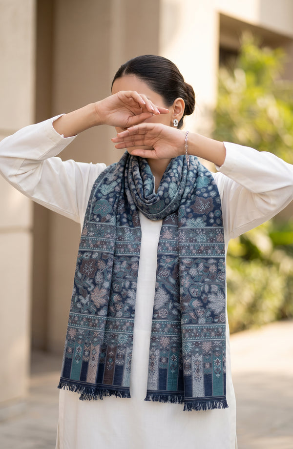 Wool Jacquard Stole - AKW-03 - AM26STL - Blue - Winter Collection
