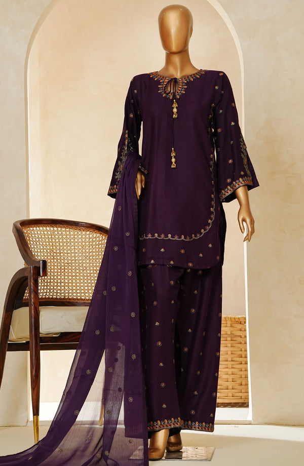Amna Khadija Embroidered Cotton Stitched 3 Piece Suit - D - 01 - Purple