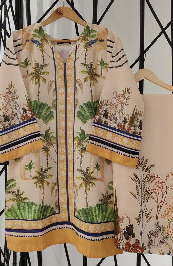 Amna Khadija Printed Swiss Lawn Stitched 2 Piece - D-01 - AK25SW - Beige - Summer Collection