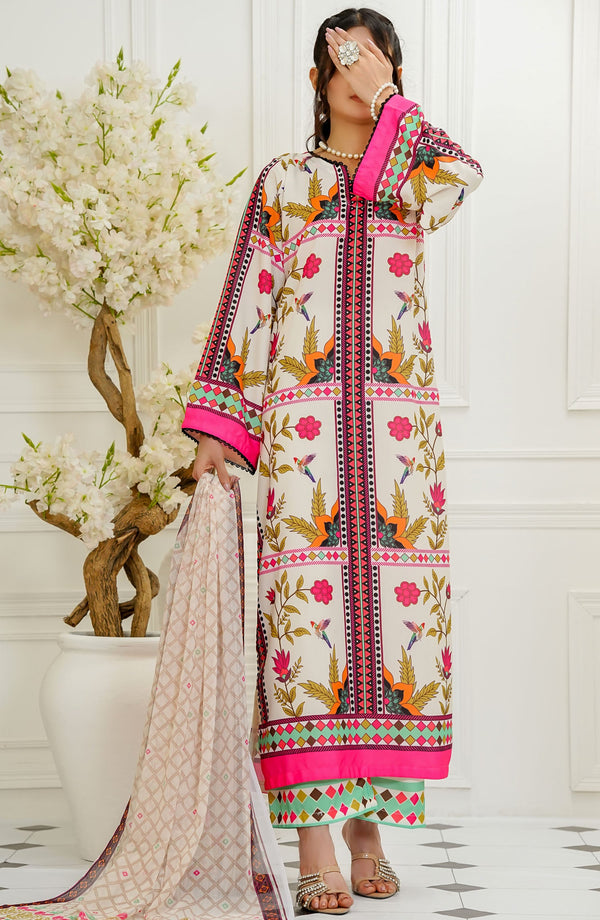Amna Khadija Printed Lawn Stitched 3 Piece Suit - FDSEF-02 - AM25ESF - White - Summer Collection
