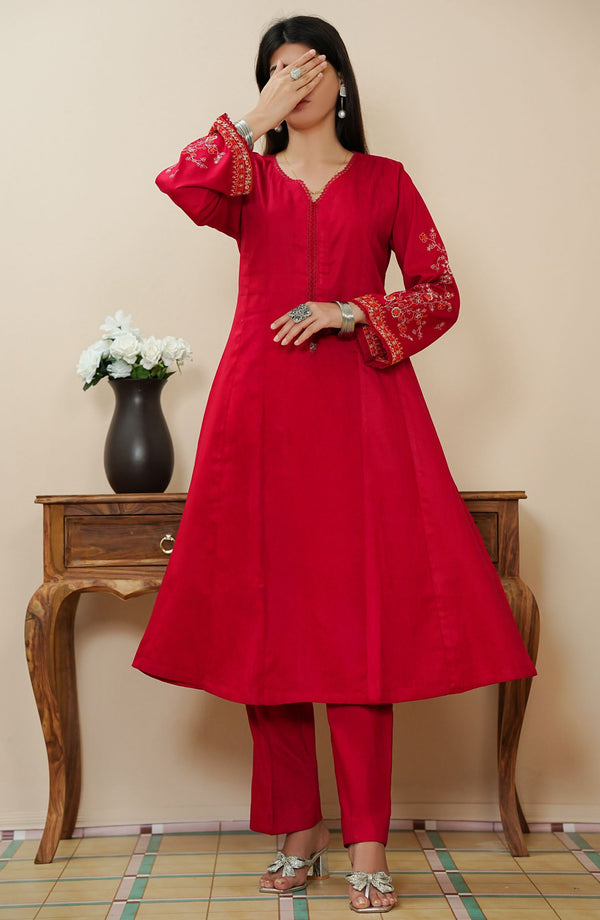 Amna Khadija Embroidered Jacquard Stitched 2 Piece Suit - WCPTD-04 - AM25WCPTD - Red - Casual Collection