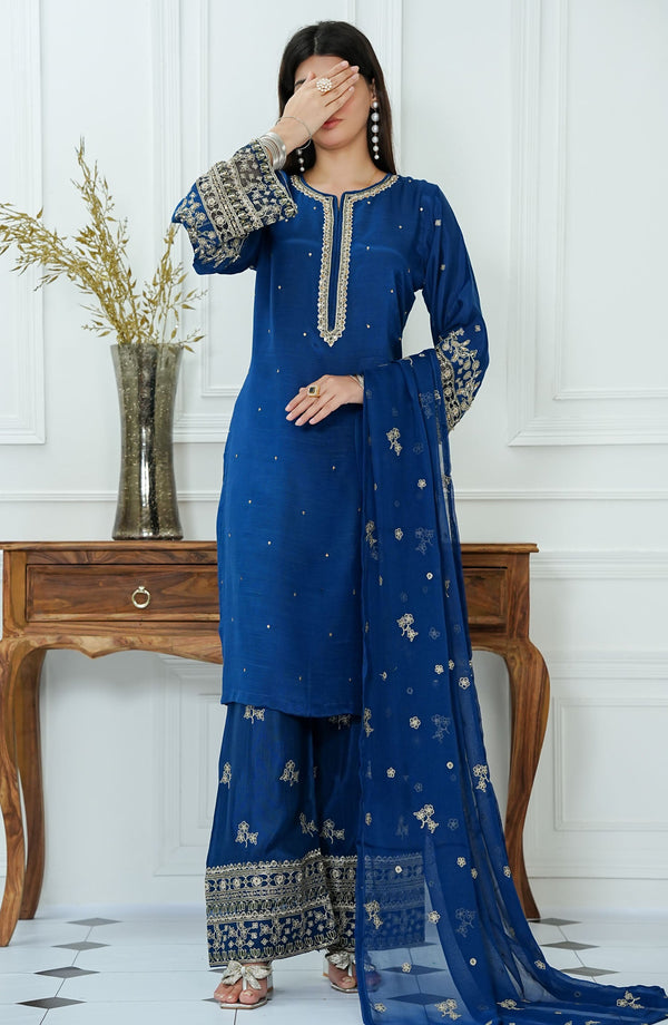 Zareen by Amna Khadija Embroidered Raw Silk Stitched 3 Piece Suit - ZLF-02 - AM25ZLF - Blue - Festive Collection