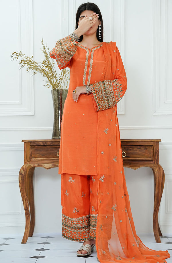 Zareen by Amna Khadija Embroidered Raw Silk Stitched 3 Piece Suit - ZLF-03 - AM25ZLF - Orange - Festive Collection