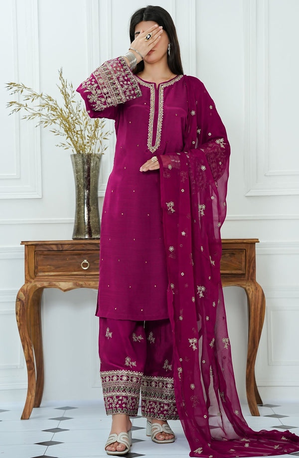 Zareen by Amna Khadija Embroidered Raw Silk Stitched 3 Piece Suit - ZLF-04 - AM25ZLF - Magenta - Festive Collection