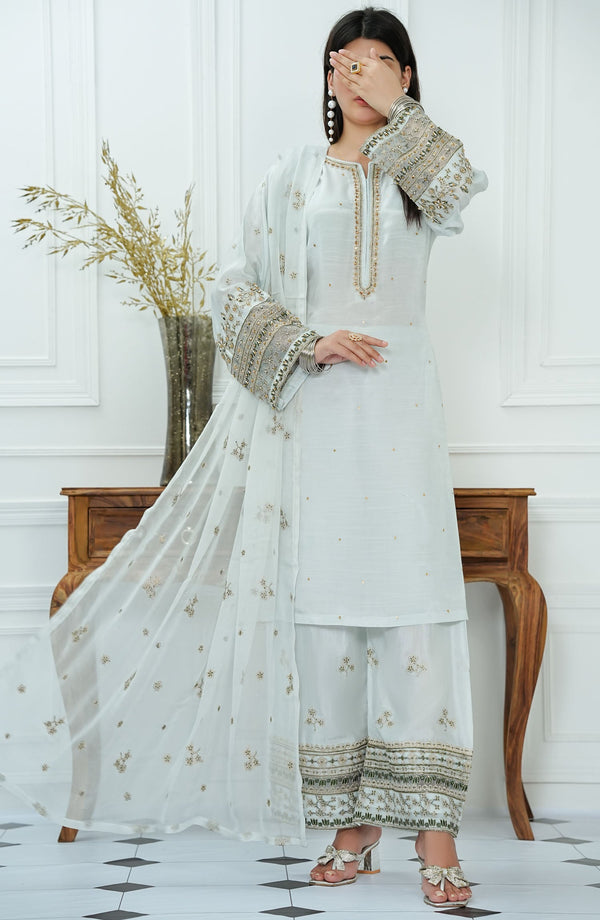 Zareen by Amna Khadija Embroidered Raw Silk Stitched 3 Piece Suit - ZLF-01 - AM25ZLF - White - Festive Collection